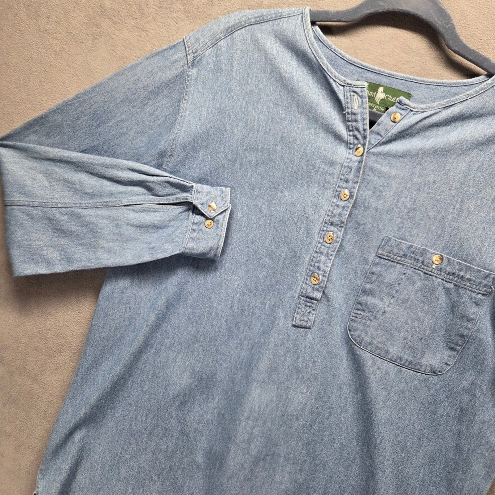 Hunt Club Denim Henley Shirt Medium Blue Long Sleeve VTG 90s Button Cuffs Cotton